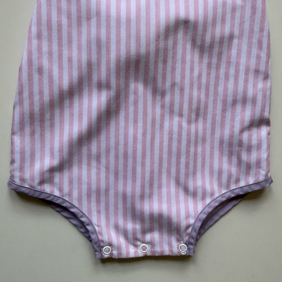 Beaufort Bonnet Co. Girls Saylor Sunsuit, Pink & White Stripe with Lavender Trim - Picture 6 of 15